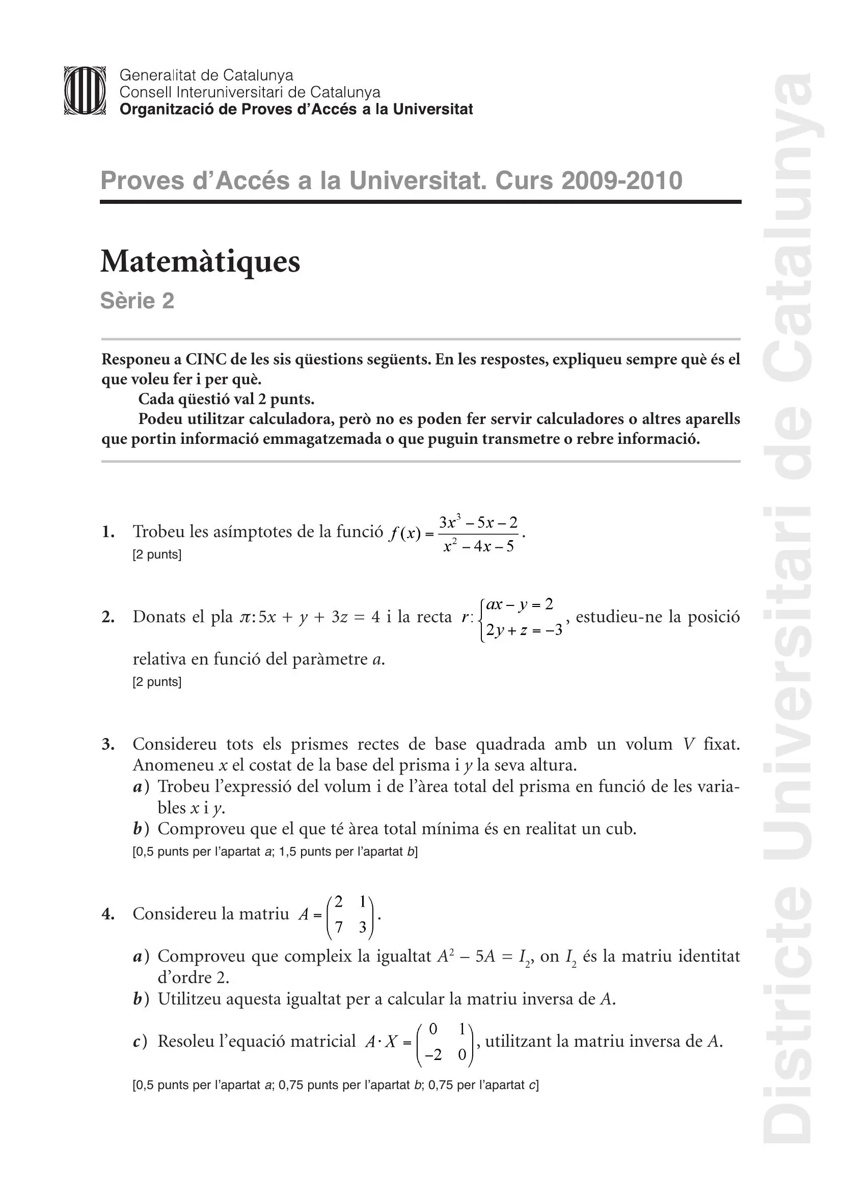 Examen de Matemàtiques Científiques Setembre 2010