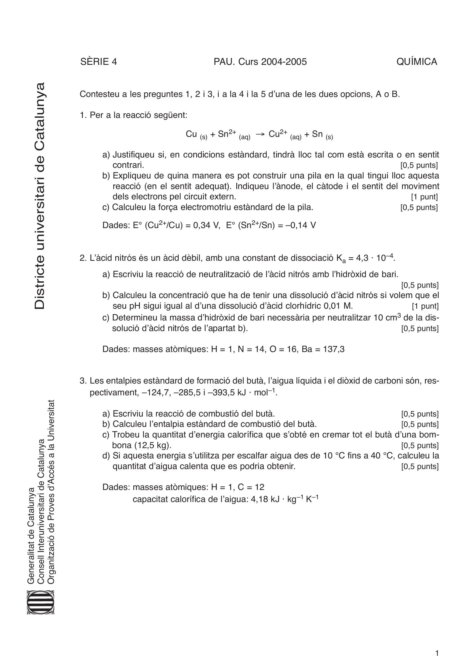 Examen de Química Juny 2005