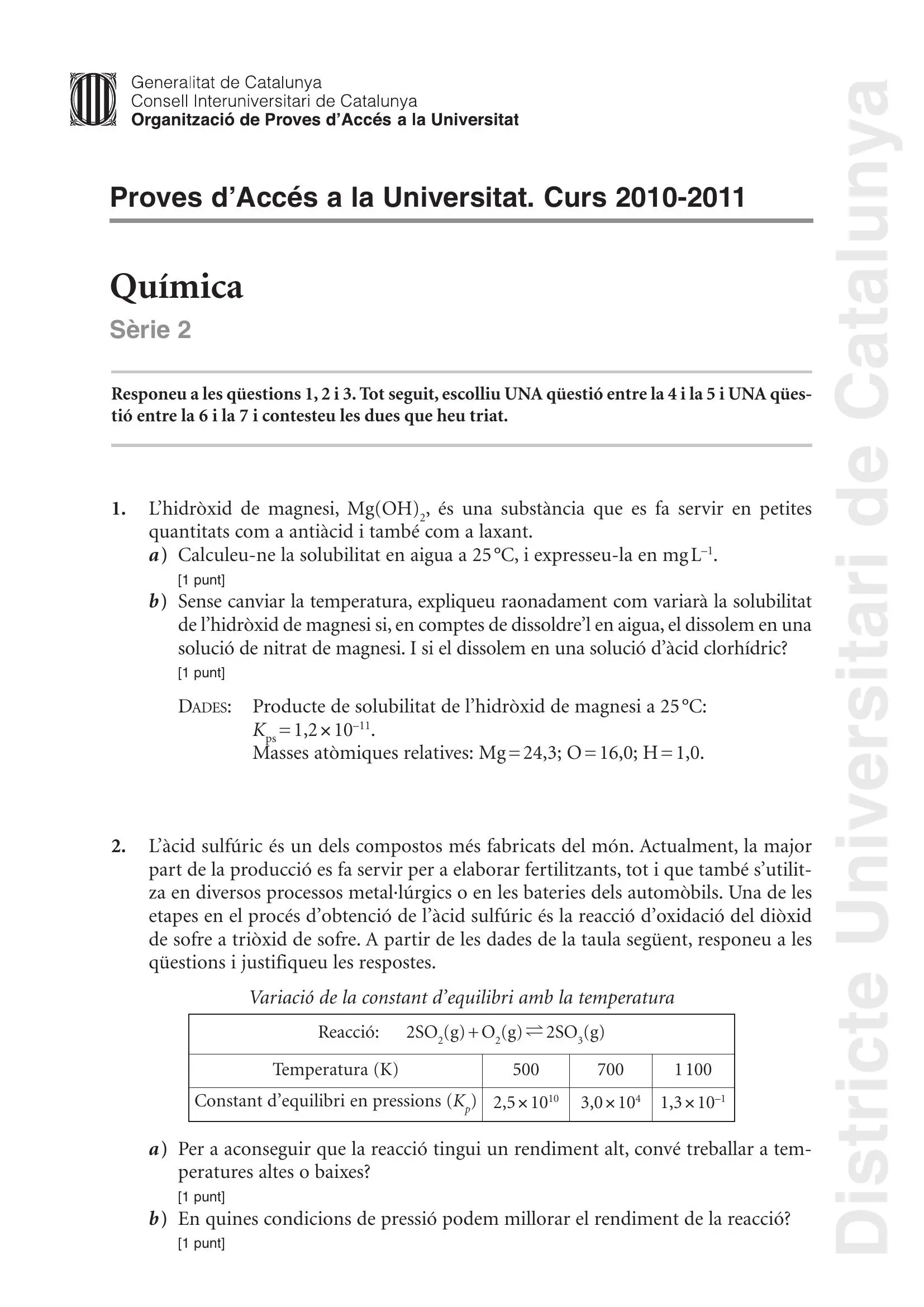 Examen de Química Setembre 2011